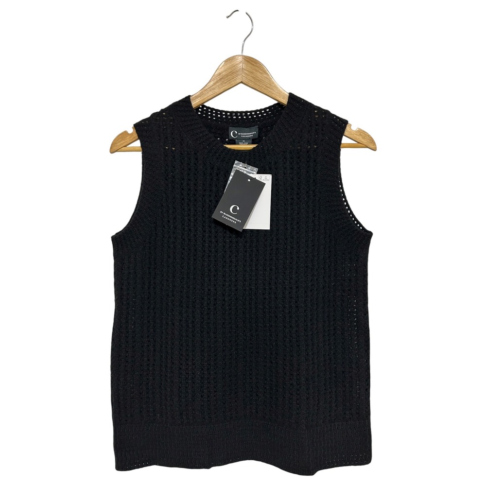 C BY BLOOMINGDALE'S Black 2 Ply Cashmere Versatile Soft Crochet Crewneck Vest M